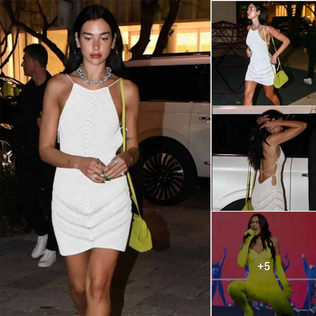 Leggy Dua Lipa flaunts her fashion credentials in a white crochet mini dress and lime velvet heels as she heads for dinner in Miami